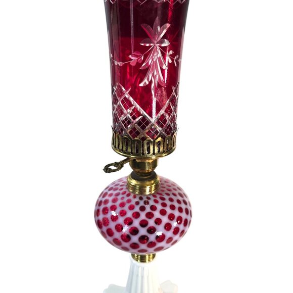 Vintage Cranberry Hobnail Glass Lamp Fenton Style Cut to Clear Shade Milk Glass - Picture 15 of 16